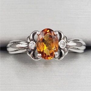 Genuine Oval Citrine & Round White Topaz 925 Sterling Silver Ring